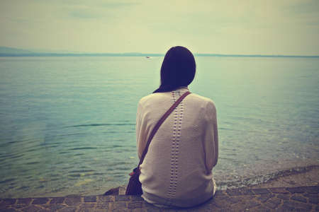 girl, looking, lake, ocean, sea, water, horizon, landscape, woman, brunette, long hair, purse,...