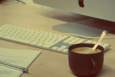 coffee, latte, cappuccino, mac, computer, desktop, keyboard, papers, notes, pen, office, desk,...