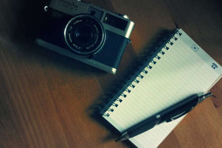 camera, notepad, pen, photography, office, desk, wood, creative, business, slr, objects