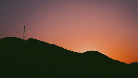 sunset, dusk, silhouette, mountains, hills, power lines, sky, night, dark