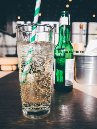 soda, soft drink, glass, straw, bottle