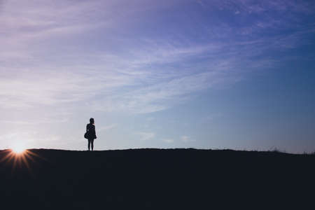 girl, woman, silhouette, sunset, dusk, blue, sky, people, nature, landscape