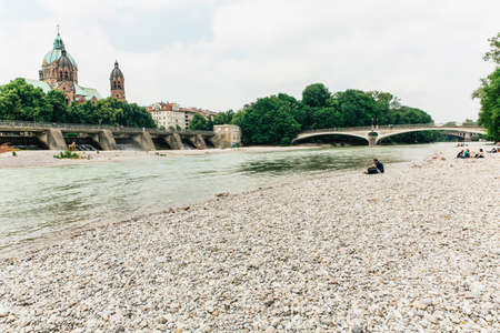 river, water, rocks, people, bridge, buildings, city, architecture, sky, clouds, cloudy, trees