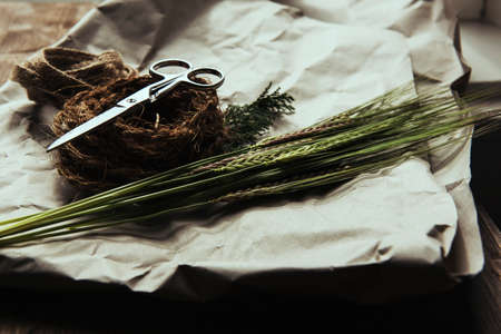 scissors, rope, wheat, objects