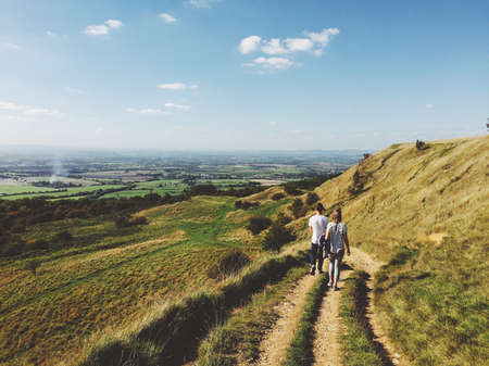 hiking, trekking, walking, people, girl, guy, green, grass, mountains, hills, landscape, nature,...