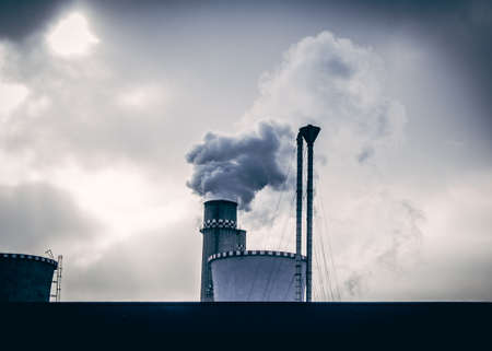 industrial, factory, smoke, silos, sky, clouds, cloudy