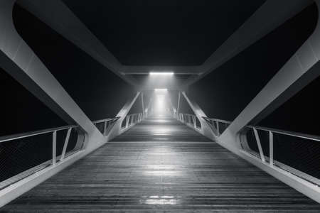 bridge, wood, architecture, lights, dark, night, evening, black and white