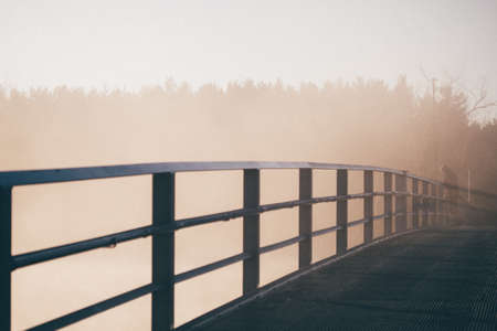 bridge, fog, foggy, nature, outdoors, trees, people
