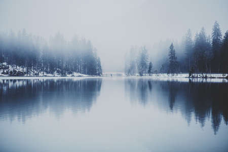 lake, river, water, reflection, outdoors, landscape, nature, trees, forest, fog, foggy