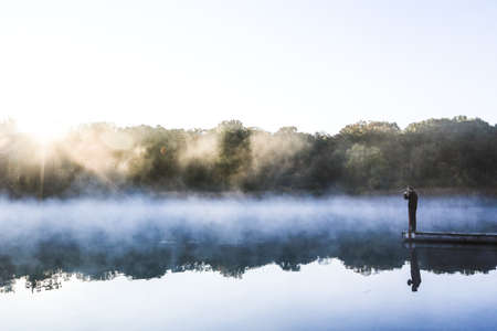 lake, water, fog, foggy, mist, reflection, dock, guy, man, people, nature, landscape, trees,...