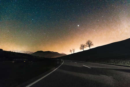 stars, galaxy, sky, night, evening, dark, lights, space, astronomy, road, silhouette, shadows,...