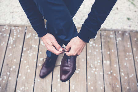 suit, tuxedo, wedding, groom, shoes, laces, hands, celebration