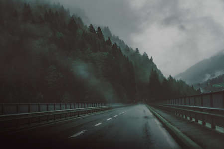 road, highway, bridge, fog, cold, travel, night, drive, pavement, interstate, border, storm