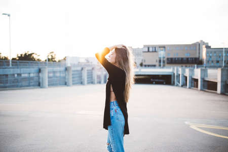 woman, girl, lady, people, side, profile, flare, fashion, style, slit, pants, blonde, pose, beauty