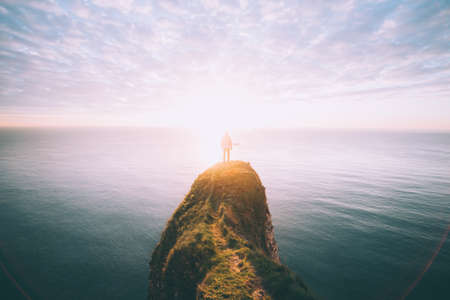 adventure, guy, man, people, sea, ocean, water, cliff, sky, sunlight, horizon