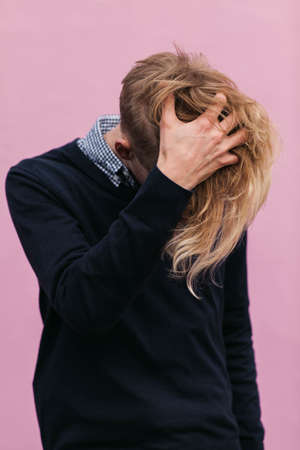 guy, man, male, fashion, style, head, bow, down, hide, sweater, pullover, plaid, checkered, blonde
