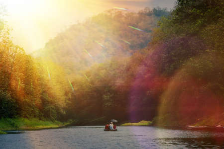nature, landscape, mountains, river, stream, water, boat, grass, trees, lush, vegetation, houses,...