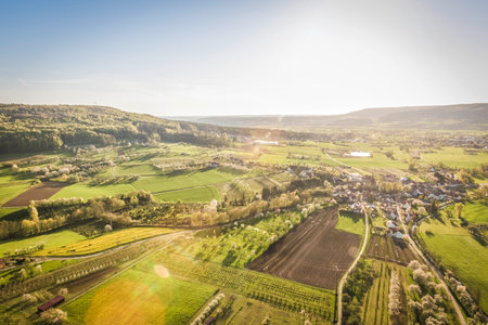 nature, landscape, plains, grasslands, grass, trees, houses, sky, horizon, solar, flare, aerial,...