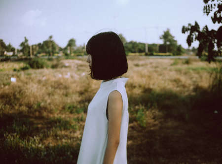 woman, girl, lady, people, side, view, profile, style, fashion, grass, trees, sky, asian, bokeh