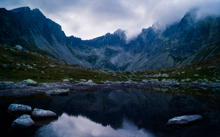 nature, landscape, mountains, coast, lake, water, blue, reflection, rocks, sky, clouds, horizon,...
