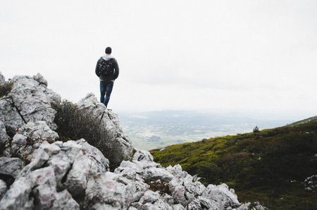 guy, man, male, people, back, contemplate, stand, nature, landscape, mountains, rocks, summit,...