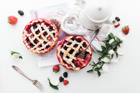 food, eat, gourmet, strawberry, pies, fruits, flowers, table, spread, teapot, forks, raspberry,...
