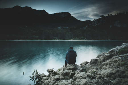 guy, man, male, people, back, contemplate, sit, nature, landscape, mountains, summit, peaks, rocks,...