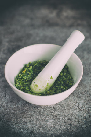 food, cook, mortar, pestle, vegetables, spices, mash, table, concrete, bokeh, still