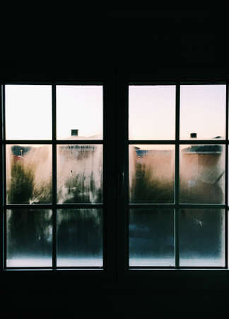 house, home, windows, panes, sills, grates, fog, view, lines, patterns, minimalist