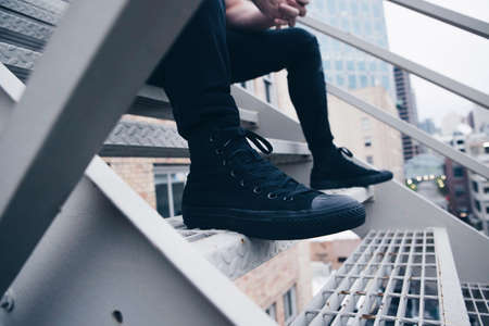 guy, man, male, people, feet, legs, shoes, sneakers, chucks, pants, steel, stairs, industrial,...