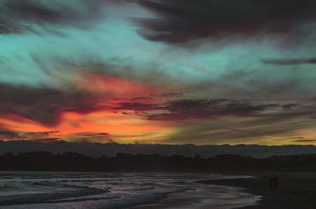 nature, landscape, coast, shore, water, ocean, sea, sky, clouds, dusk, dawn, colors, fiery