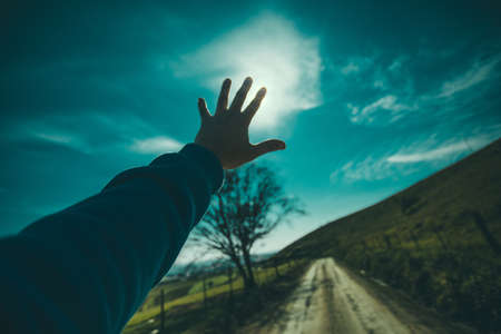guy, man, male, people, hands, reach, out, nature, sky, clouds, horizon, paths, roads, trees,...