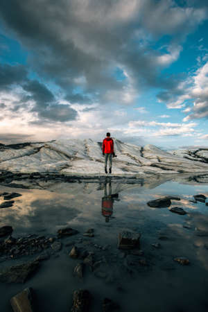 guy, man, male, people, back, contemplate, stand, nature, landscape, rocks, slabs, water, lake,...