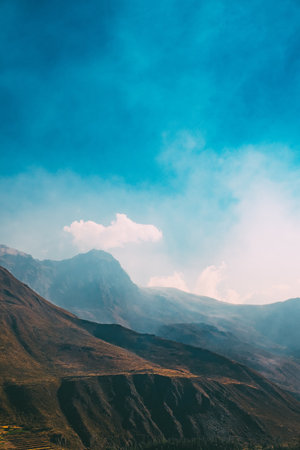 nature, landscape, mountains, summit, peaks, sky, clouds, gradient, brown, blue, majestic