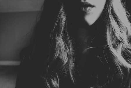 woman, girl, lady, people, portrait, lips, locks, waves, curls, black and white, grayscale, beauty