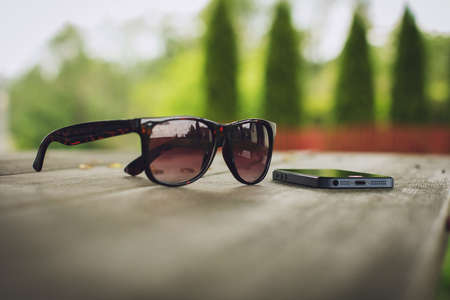 still, items, things, gadgets, iphone, smartphone, mobile, wood, table, sunglasses, park, trees,...