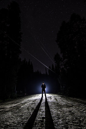 guy, man, male, people, stand, light, shadow, silhouette, spotlight, path, road, dirt, soil, trees,...