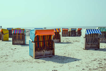 nature, landscape, beach, shore, sand, water, ocean, sea, boxes, cots, colors, stripes, patterns,...