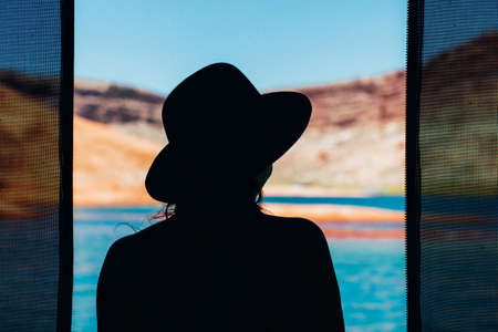 woman, girl, lady, people, back, stand, style, fashion, hat, view, nature, water, mountains, travel,...