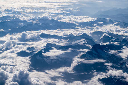 nature, landscape, mountains, summit, peaks, blanket, fog, sky, clouds, snow, aerial, white, blue