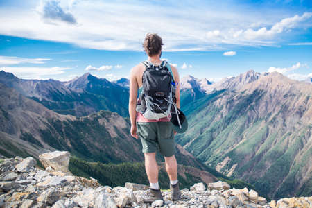 guy, man, male, people, back, contemplate, fashion, style, view, mountains, summit, peaks, rocks,...