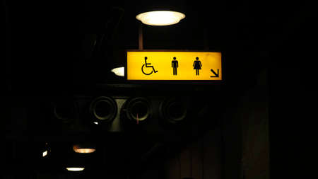 still, items, things, ceiling, light, sign, light, box, men, women, handicapped, still, bokeh