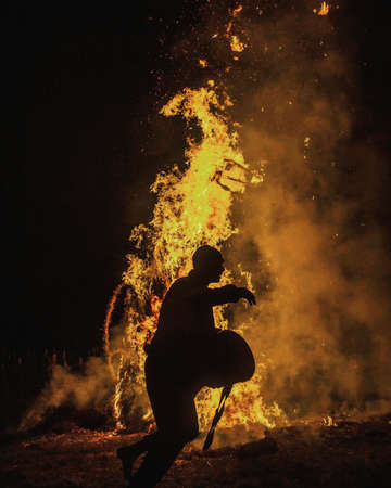 guy, man, male, people, side, view, walk, perform, dance, bonfire, fire, flames, smoke, night,...
