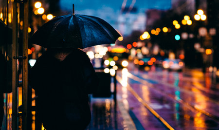 person, people, back, stand, umbrella, rain, drizzle, wet, reflection, street, lights, traffic,...