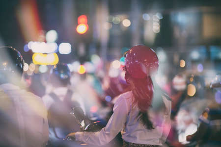 woman, girl, lady, people, back, scooter, motor, bike, traffic, crowd, street, urban, downtown,...