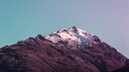 nature, landscape, mountains, summit, peaks, snow, rocks, sky, clouds, gradient, blue, pink, purple,...