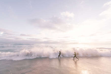 guy, man, woman, girl, people, couple, friends, run, play, shore, beach, sand, water, reflection,...
