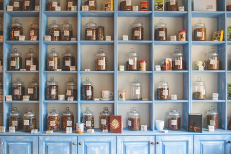 tea, jars, shelves, cupboard, kitchen, store, shopping, food, drink