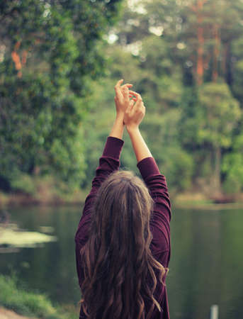 yoga, stretch, pose, girl, woman, people, brunette, long hair, nature, outdoors, green, trees