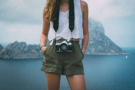 girl, woman, photographer, camera, lens, shorts, tank top, fashion